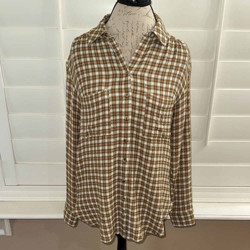 Pilcro Relaxed Plaid Button Down Shirt Moss